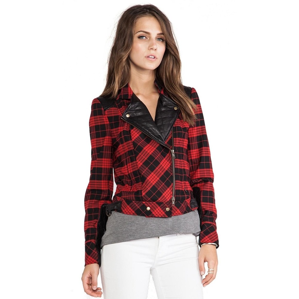 Tracy Reese Women's Scarlet/Black Tartan Plaid Leather Little Moto Jacket Size 6